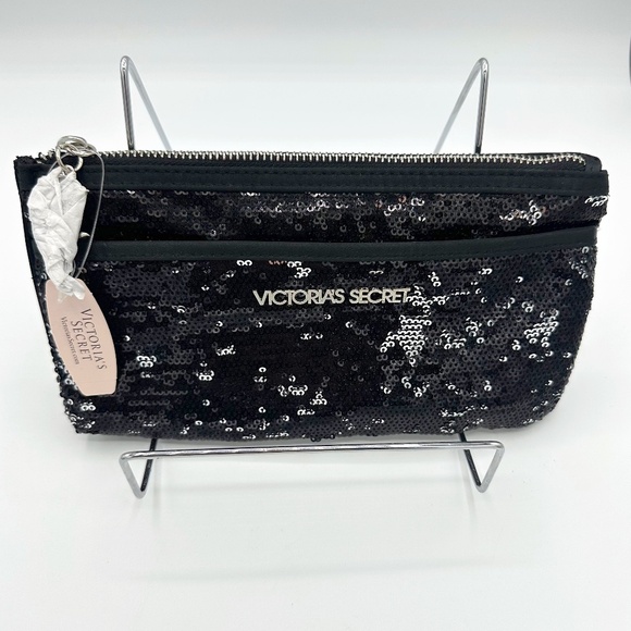 NWT Victoria’s Secret Black Sequin Clutch Bag Silver Zipper & Logo - Multi-use - Picture 3 of 6